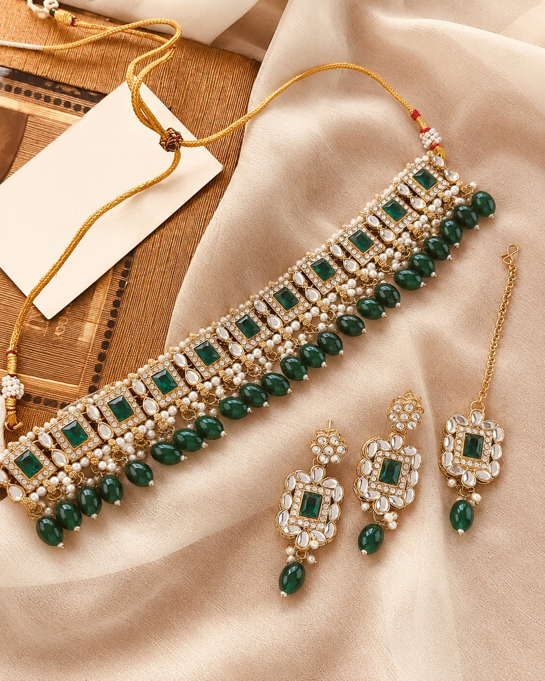 Green Hrishita Kundan Zircon Choker Necklace Set With Earring and Teeka