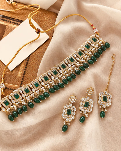 Green Hrishita Kundan Zircon Choker Necklace Set With Earring and Teeka