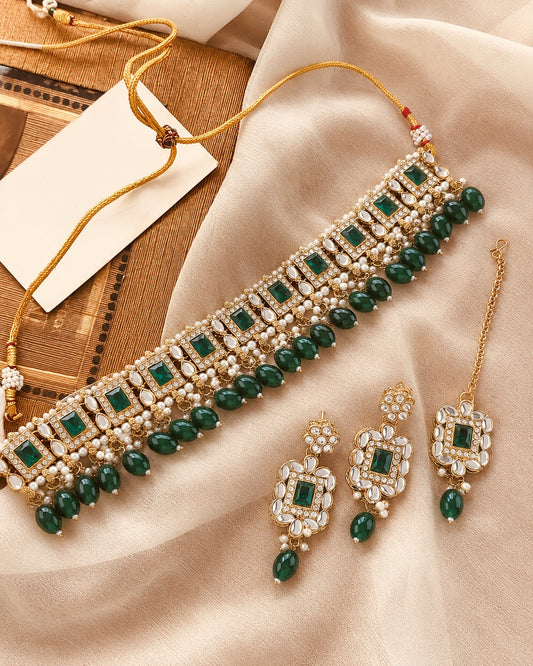 Green Hrishita Kundan Zircon Choker Necklace Set With Earring and Teeka