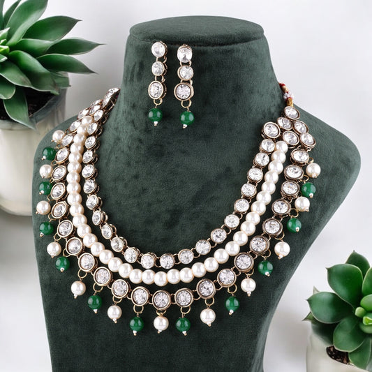 Green Kiran Kundan Pearl Beads Necklace Set with Earring