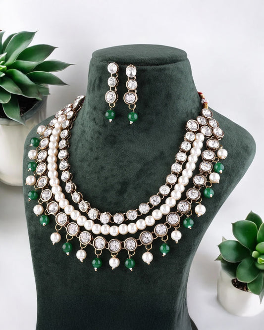 Green Kiran Kundan Pearl Beads Necklace Set with Earring