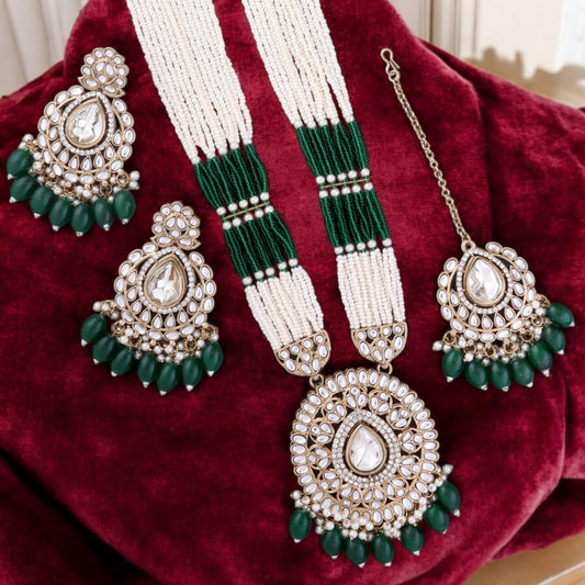 Green Harnoor Premium Long Necklace with Earring and Mangteeka