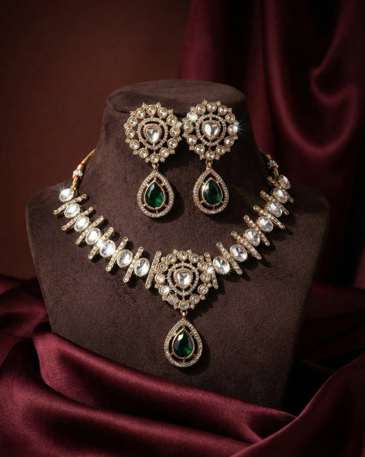 Green Rutba Indo Western Necklace With Earrings
