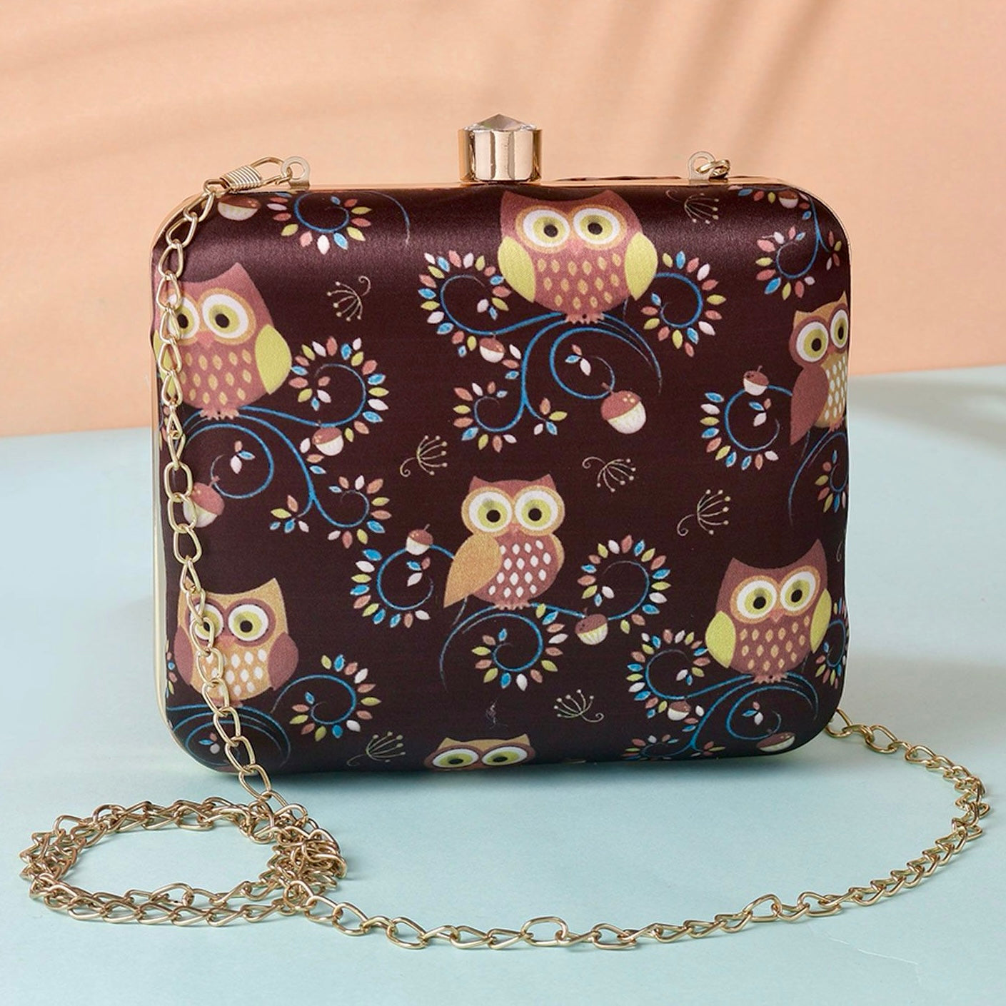 Brown Owl Black Printed Aesthetic Clutch with Sling Chain