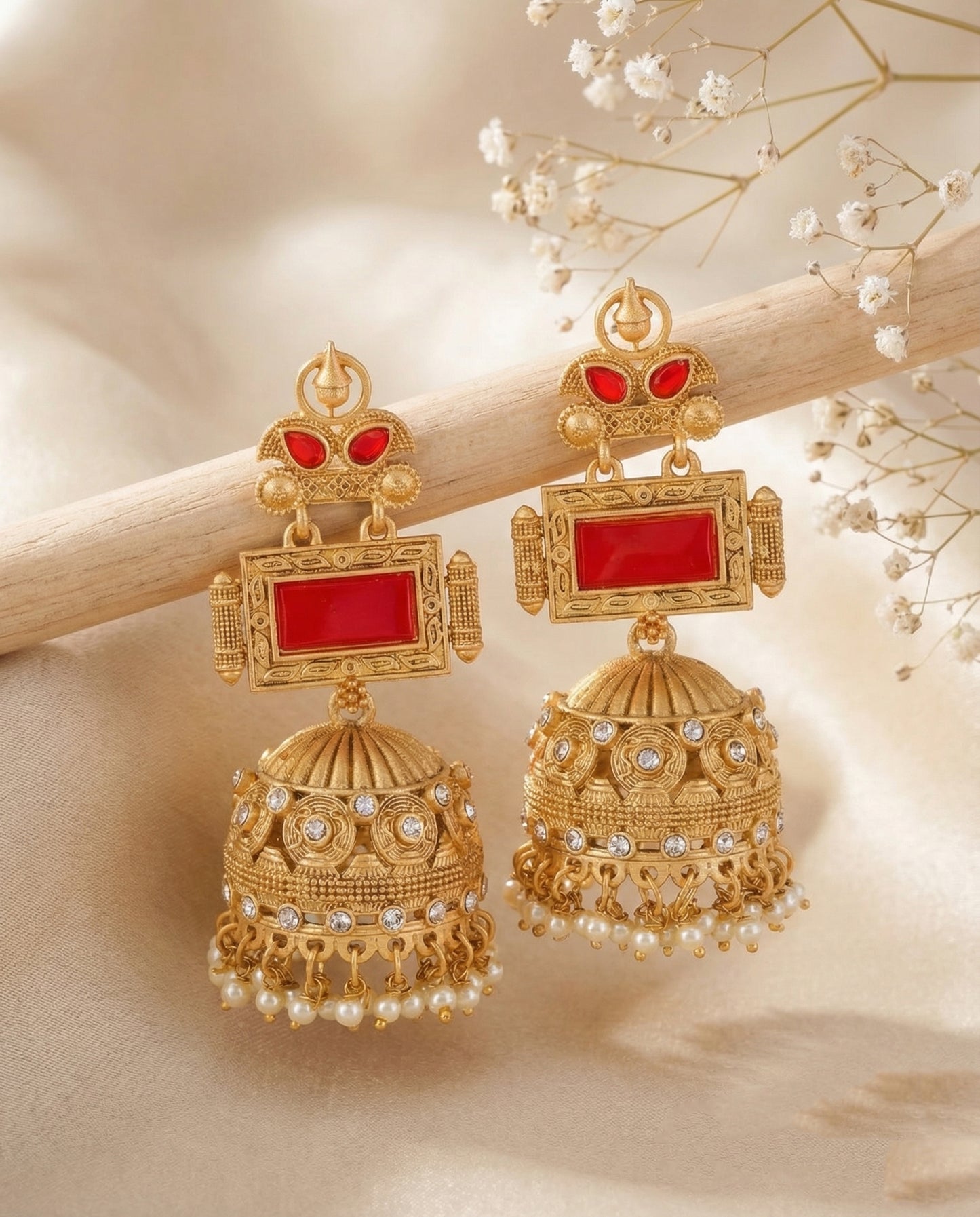 Red Mrighosh Premium Kashmiri Brass Lookalike Jhumka Earring