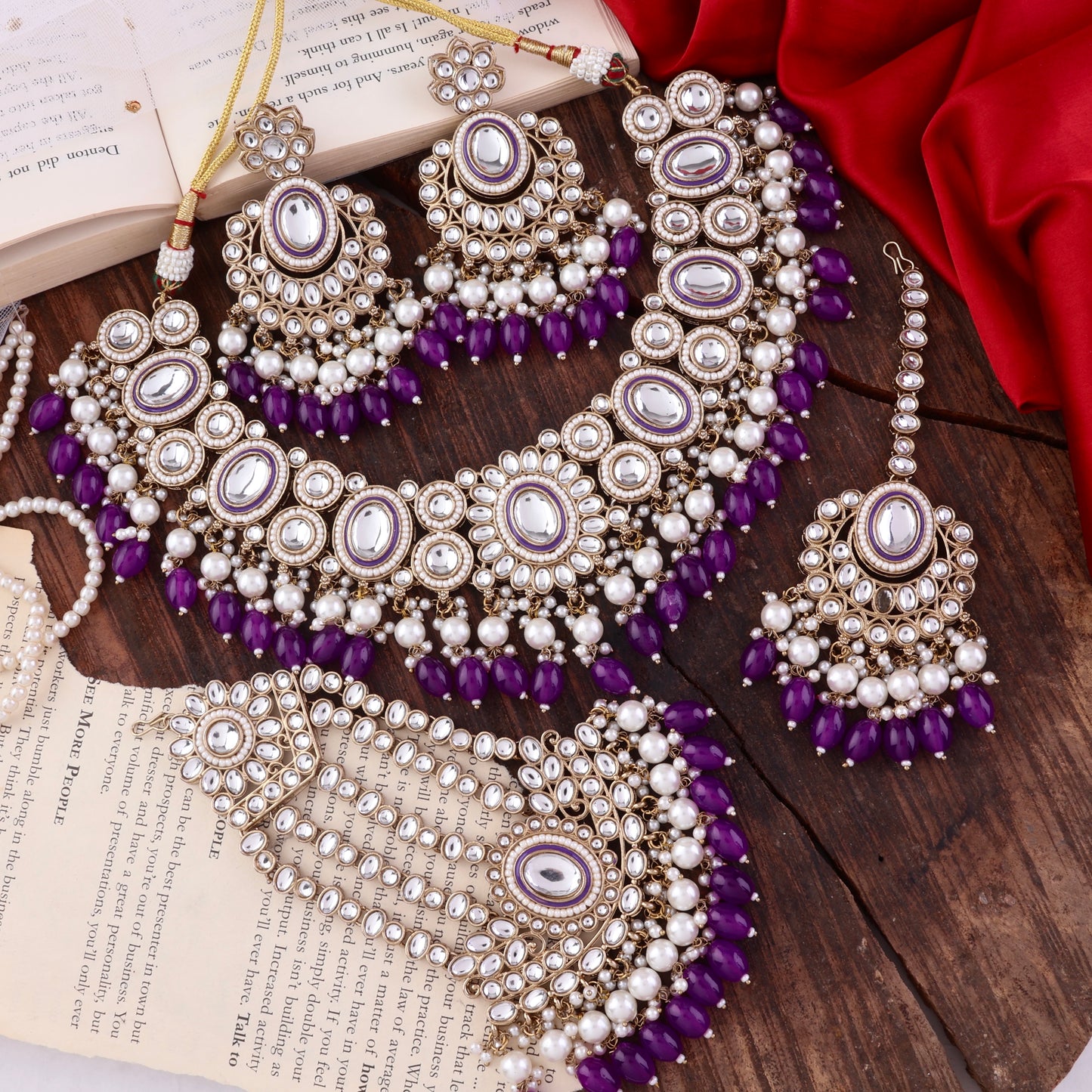 Purple Gurkeerat Necklace Earring with Teeka and Side Jhumar/Passa