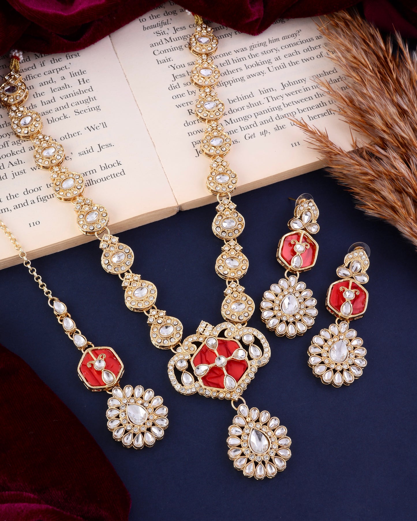 Red Vrinda Long Necklace Set with Earring and Teeka