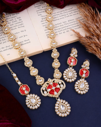 Red Vrinda Long Necklace Set with Earring and Teeka