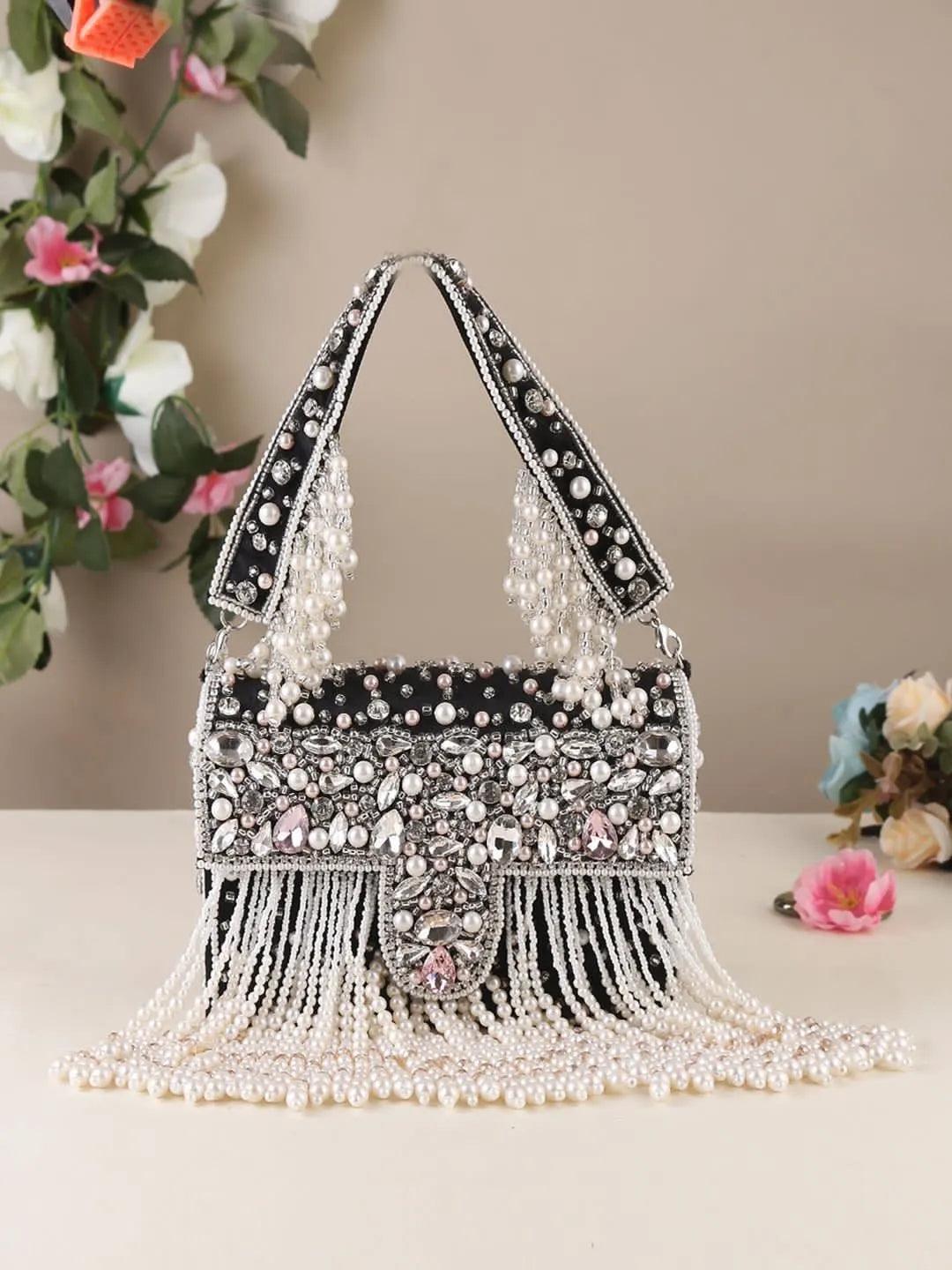 Black Charlie Rhinestone Pearl String Flap Clutch