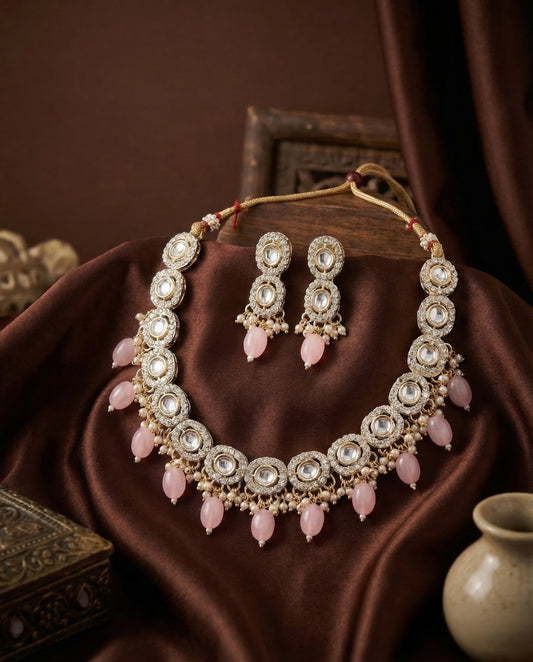 Blush Fareed Kundan Zircone Necklace With Earring