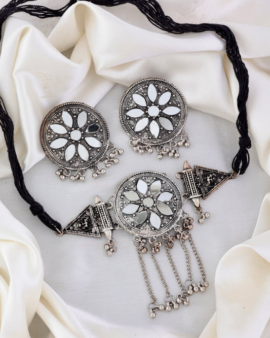 Akriti Mirror Necklace - oxidised