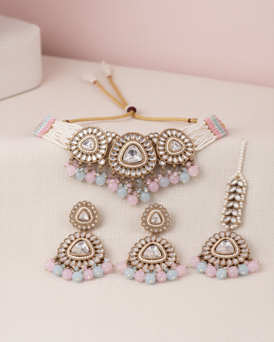 Pastel Ivanshi Premium Necklace with Earring and Teeka