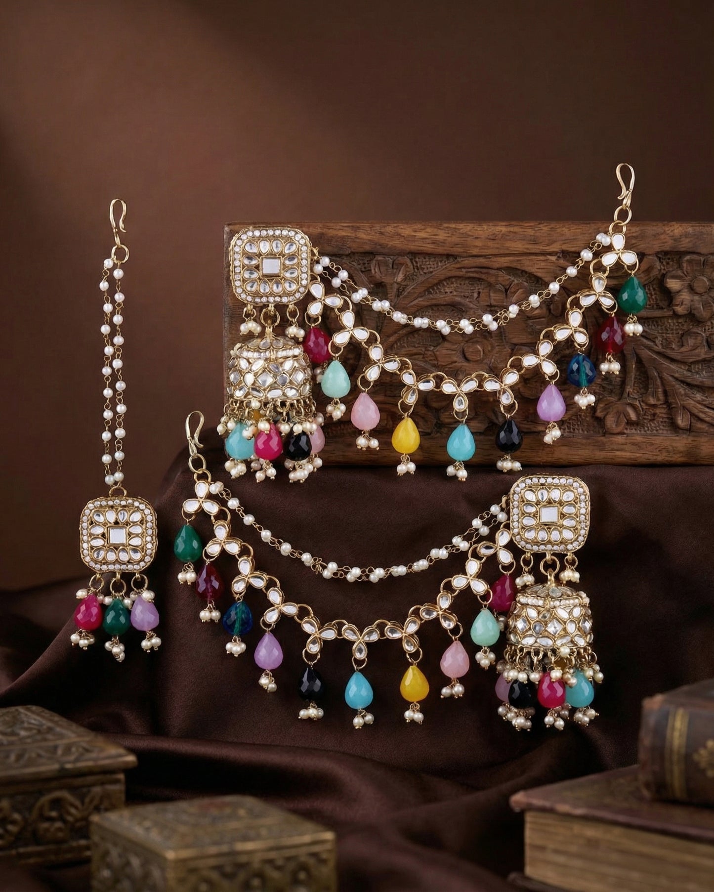 Multi Aayat Mirror Bahubali Jhumka with Statement Kaan Chain and Teeka