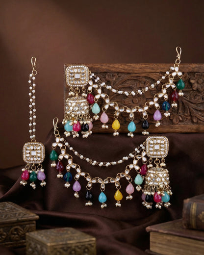 Multi Aayat Mirror Bahubali Jhumka with Statement Kaan Chain and Teeka
