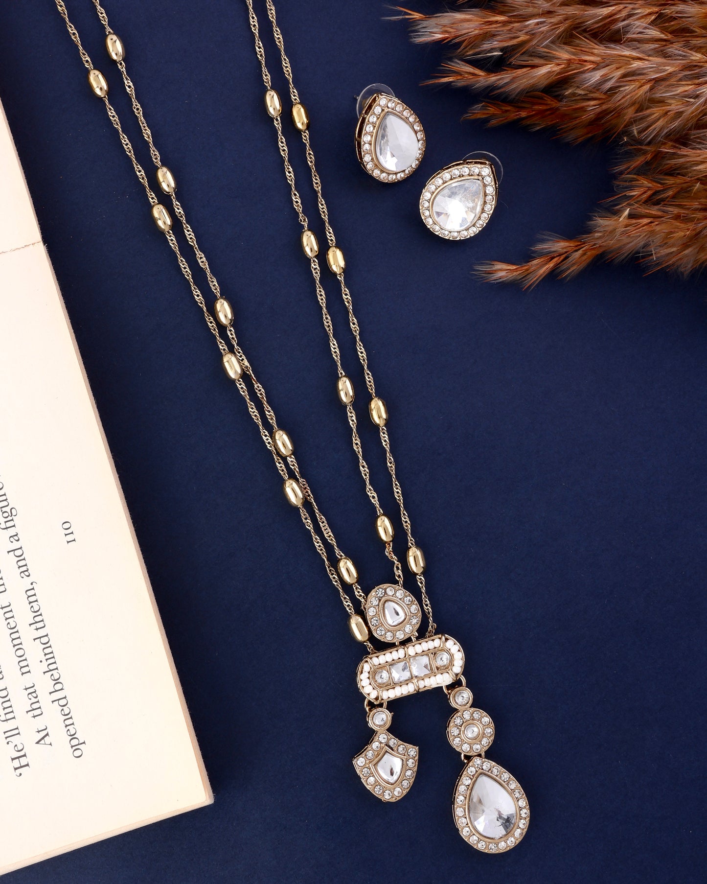 Kabir Polki Dupe Pendant Style Long Necklace Set with Earring