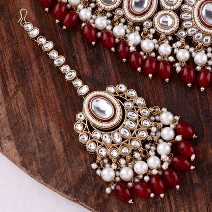 Dark Red Gurkeerat Necklace Earring with Teeka and Side Jhumar/Passa