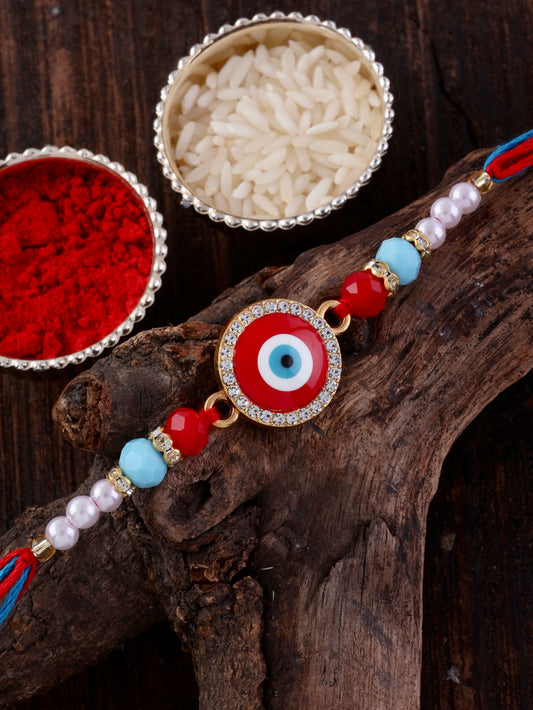 Red Zaroon Evil Eye Rakhi with Tilak Set and Card