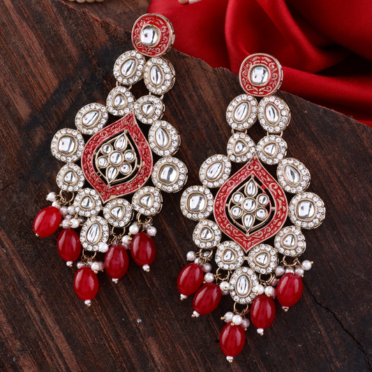 Red Pashmeena Designer Kundan Meena Earring