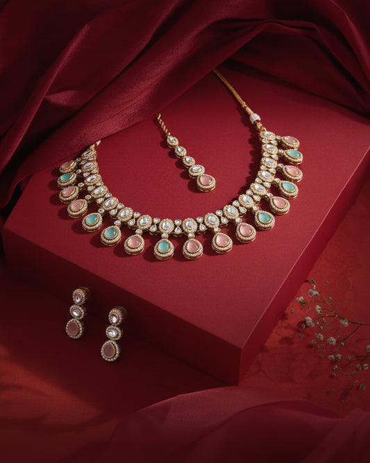 Pastel Nivaya Premium Polki Dupe Necklace with Earring and Teeka
