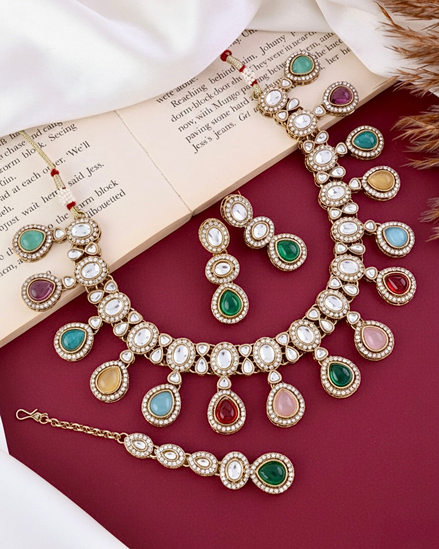 Multi Nivaya Premium Polki Dupe Necklace with Earring and Teeka