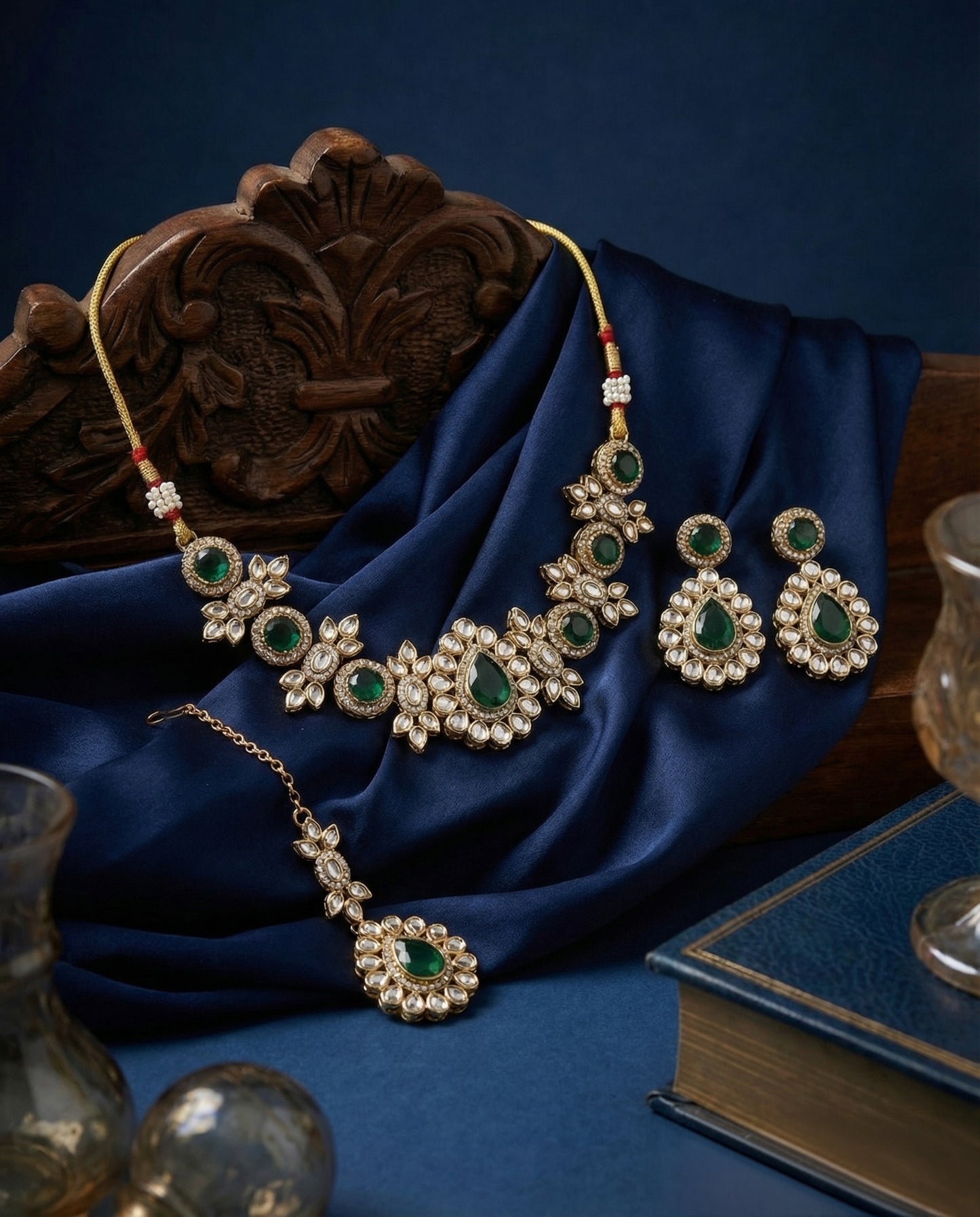 Green Sierra Kundan Choker Necklace Set With Earring & Teeka