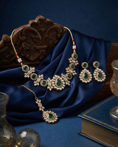 Green Sierra Kundan Choker Necklace Set With Earring & Teeka