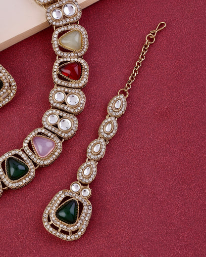 Multi Zorawar Premium Polki Dupe Necklace with Earring and Teeka