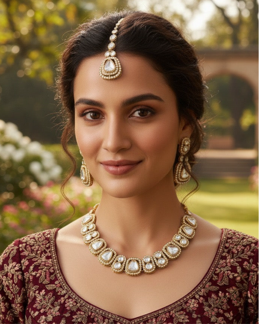 Silver Zorawar Premium Polki Dupe Necklace with Earring and Teeka