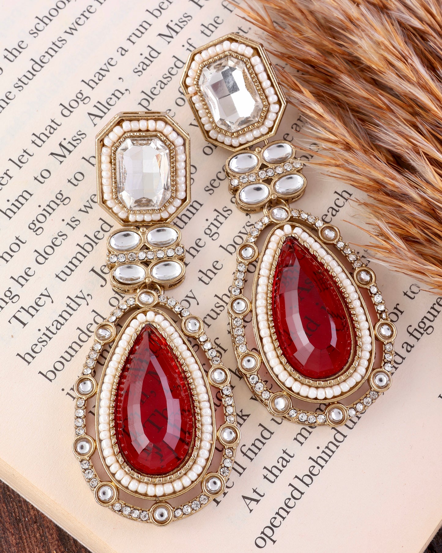 Red Aarit Premium Designer Zircone Polki Dupe Earring