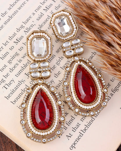 Red Aarit Premium Designer Zircone Polki Dupe Earring
