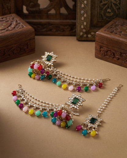 Multi Kaur Mirror Bahubali Jhumka with Statement Kaan Chain and Teeka