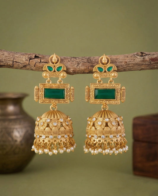 Green Mrighosh Premium Kashmiri Brass Lookalike Jhumka Earring