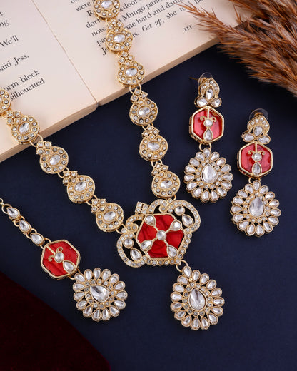 Red Vrinda Long Necklace Set with Earring and Teeka