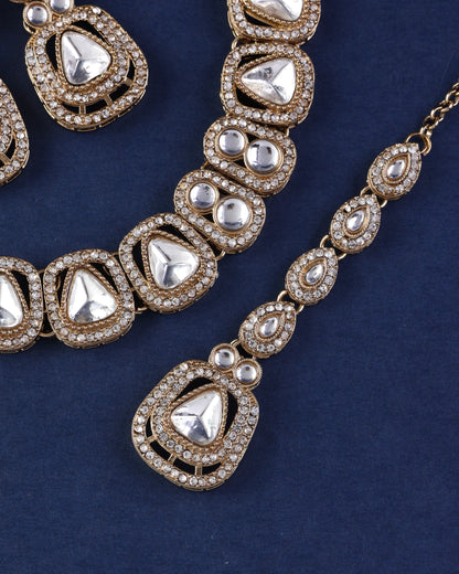 Silver Zorawar Premium Polki Dupe Necklace with Earring and Teeka