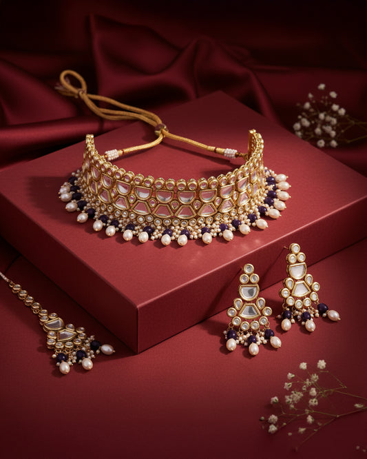 Blue Guranshi Dabi Kundan Choker Necklace with Earring and Mangteeka