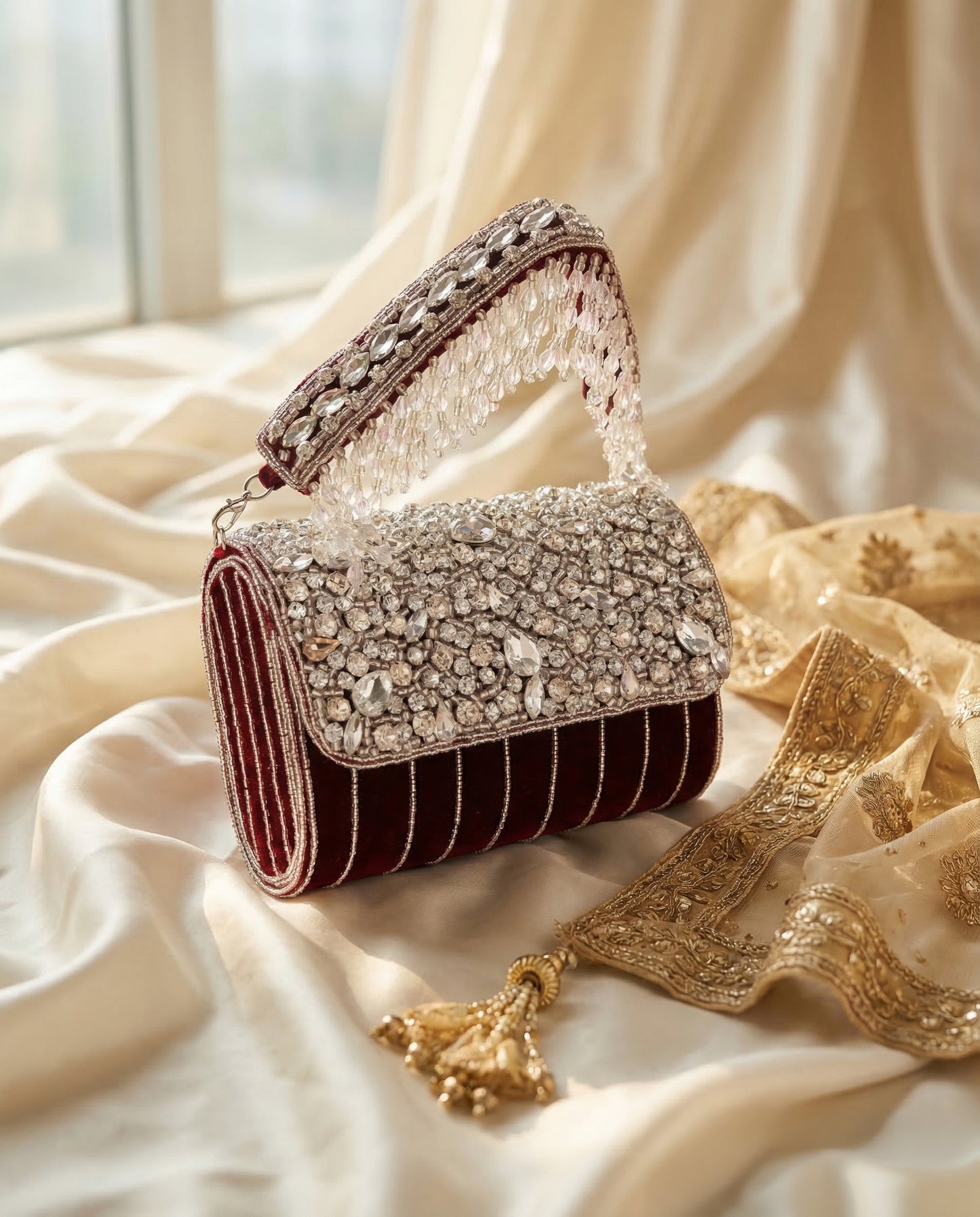 Maroon Clementine Rhinestone Flap Clutch
