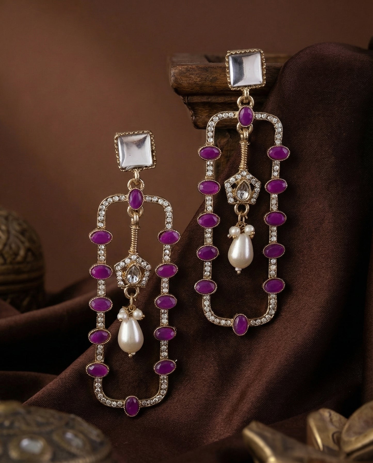Purple Tenille Premium Designer Zircone Kundan Earring