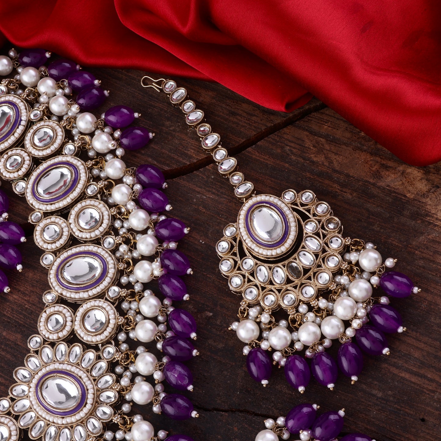 Purple Gurkeerat Necklace Earring with Teeka and Side Jhumar/Passa