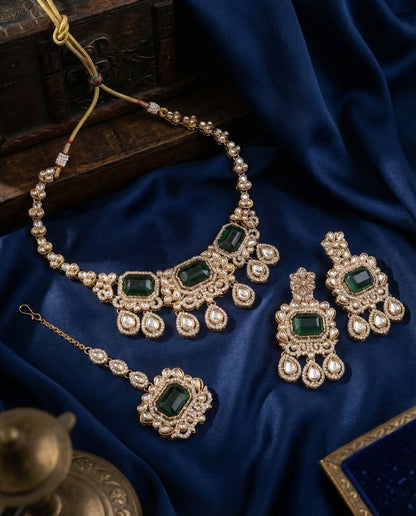 Emerald Harshika Premium Zircone Polki Dupe Necklace Set