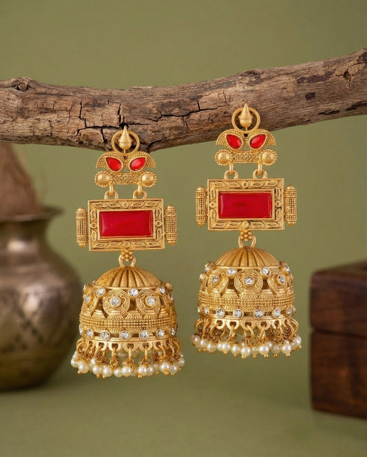 Red Mrighosh Premium Kashmiri Brass Lookalike Jhumka Earring