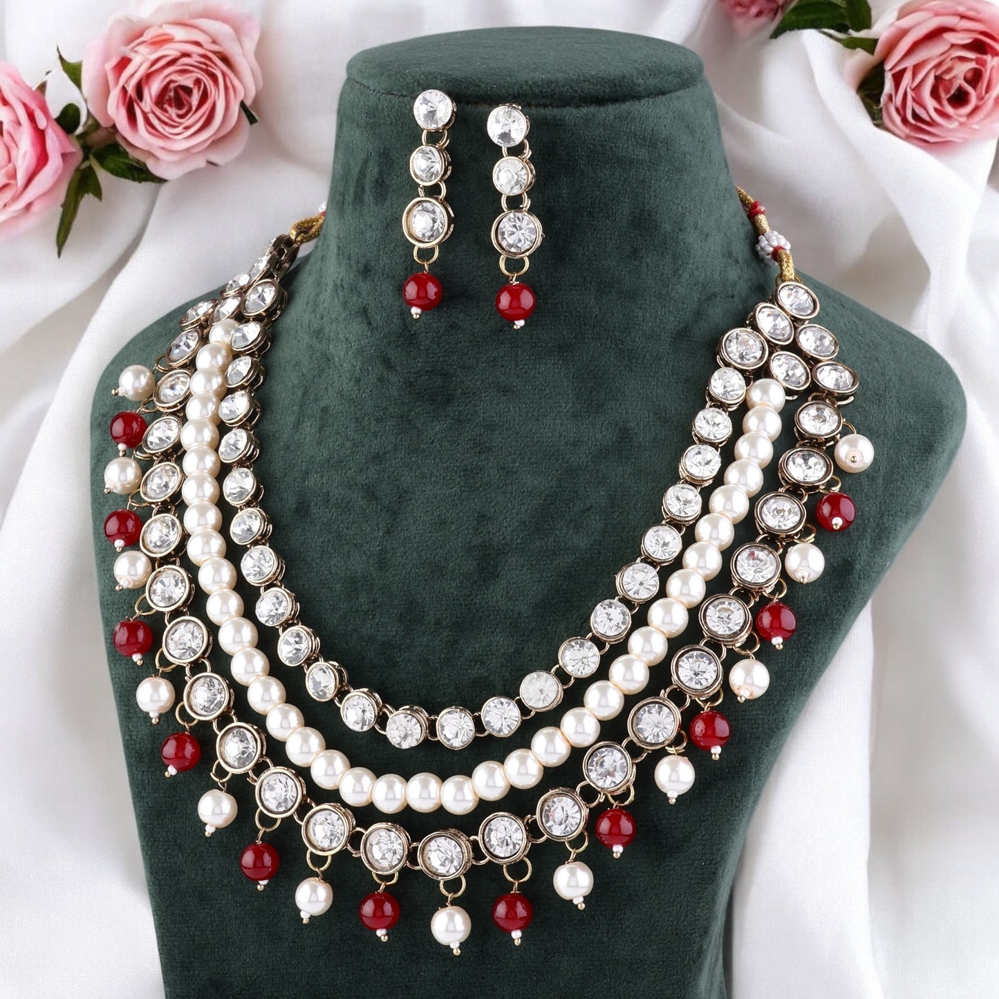 Ruby Kiran Kundan Pearl Beads Necklace Set with Earring