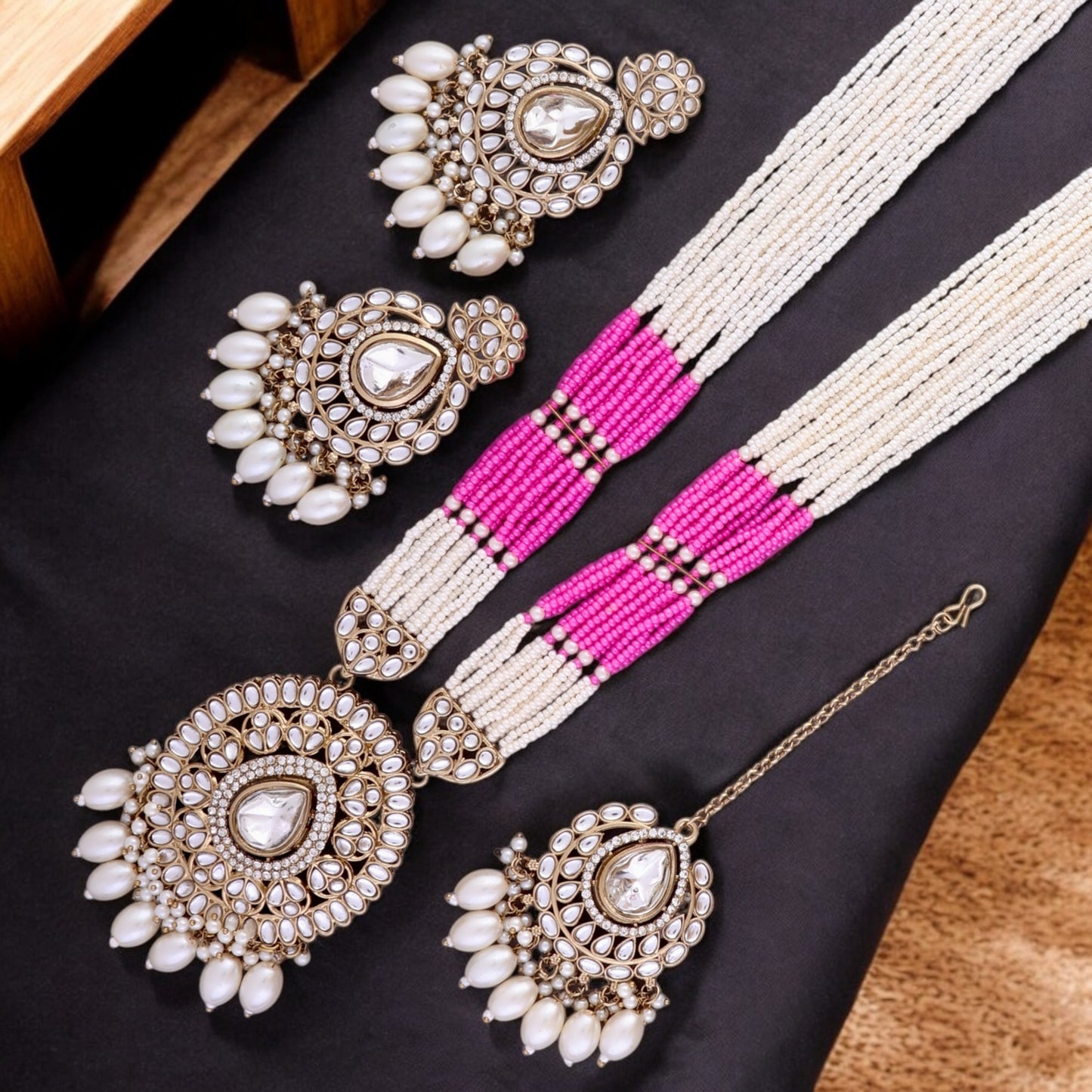 Pink Harnoor Premium Long Necklace with Earring and Mangteeka