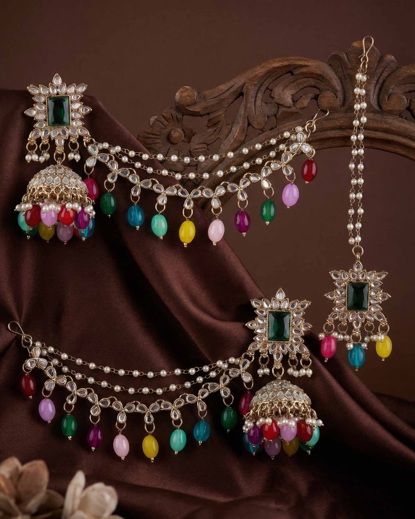 Multi Kaur Mirror Bahubali Jhumka with Statement Kaan Chain and Teeka