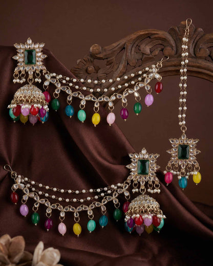Multi Kaur Mirror Bahubali Jhumka with Statement Kaan Chain and Teeka
