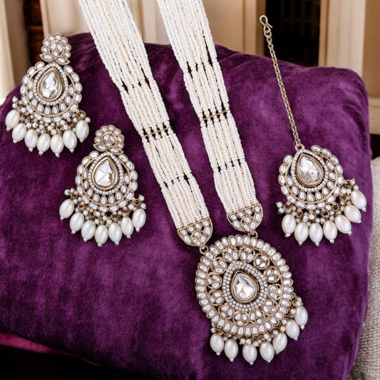 Pearl Harnoor Premium Long Necklace with Earring and Mangteeka