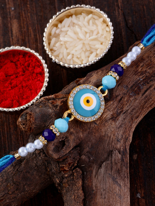 Turquoise Zaroon Evil Eye Rakhi with Tilak Set and Card