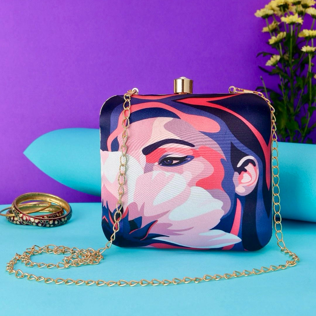 Women Portrait Printed Aesthetic Clutch with Sling Chain