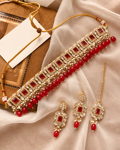 Red Hrishita Kundan Zircon Choker Necklace Set With Earring and Teeka