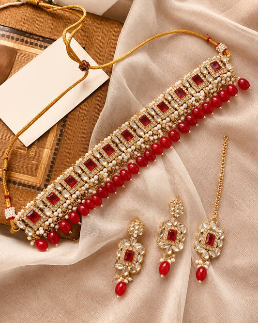 Red Hrishita Kundan Zircon Choker Necklace Set With Earring and Teeka