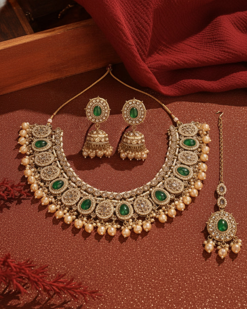 Vireena Classic Kundan Zircon Necklace Set With Earring and Teeka